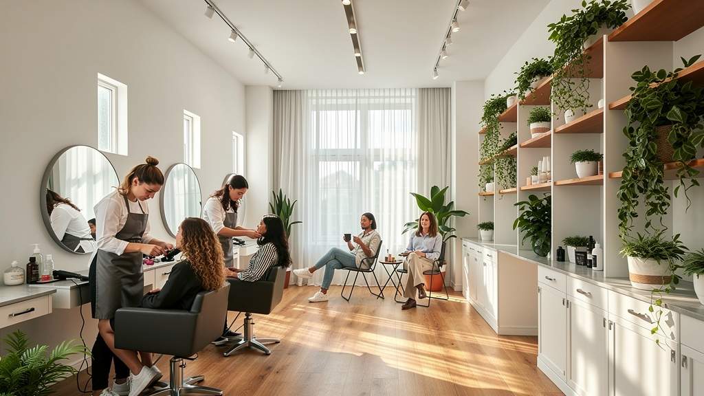 The salon on a busy morning: two stylists working and a client waiting with coffee by the window