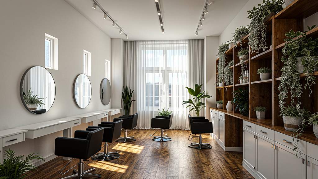 The empty salon in morning light: black chairs, round mirrors, and oak shelves full of plants