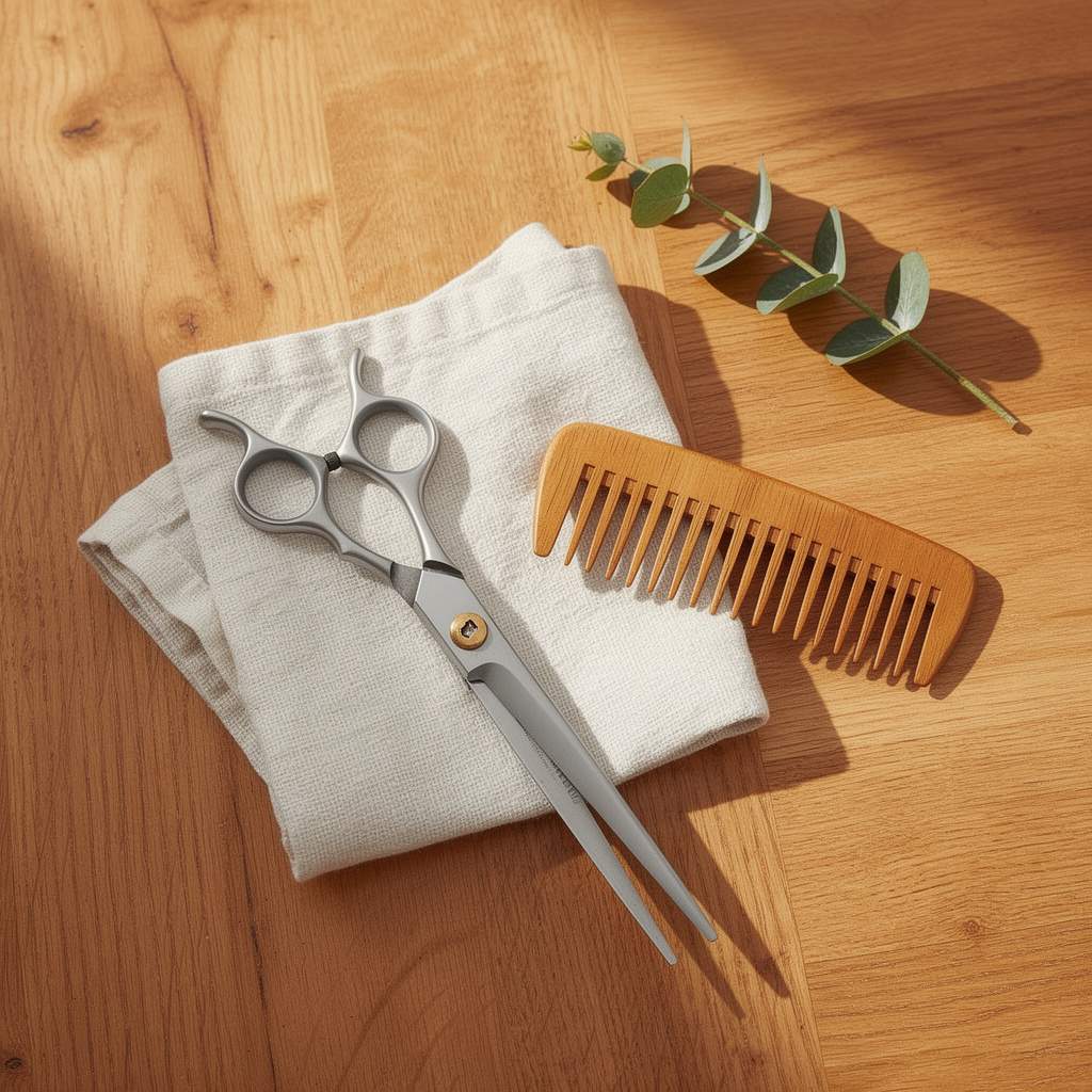 Steel shears and a wooden wide-tooth comb on folded white towels with a sprig of eucalyptus