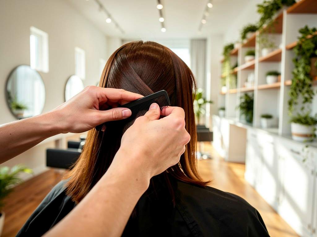 A stylist sectioning a client's chestnut hair with a comb, seen over her shoulder