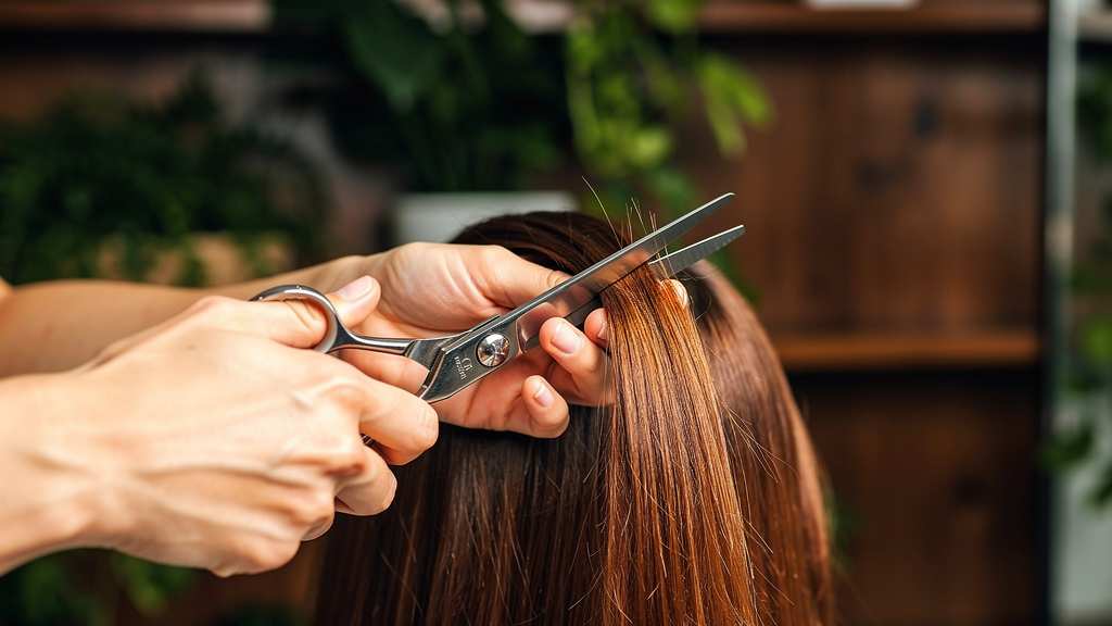 A stylist's hands trimming a section of chestnut hair with steel shears in the sunlit salon